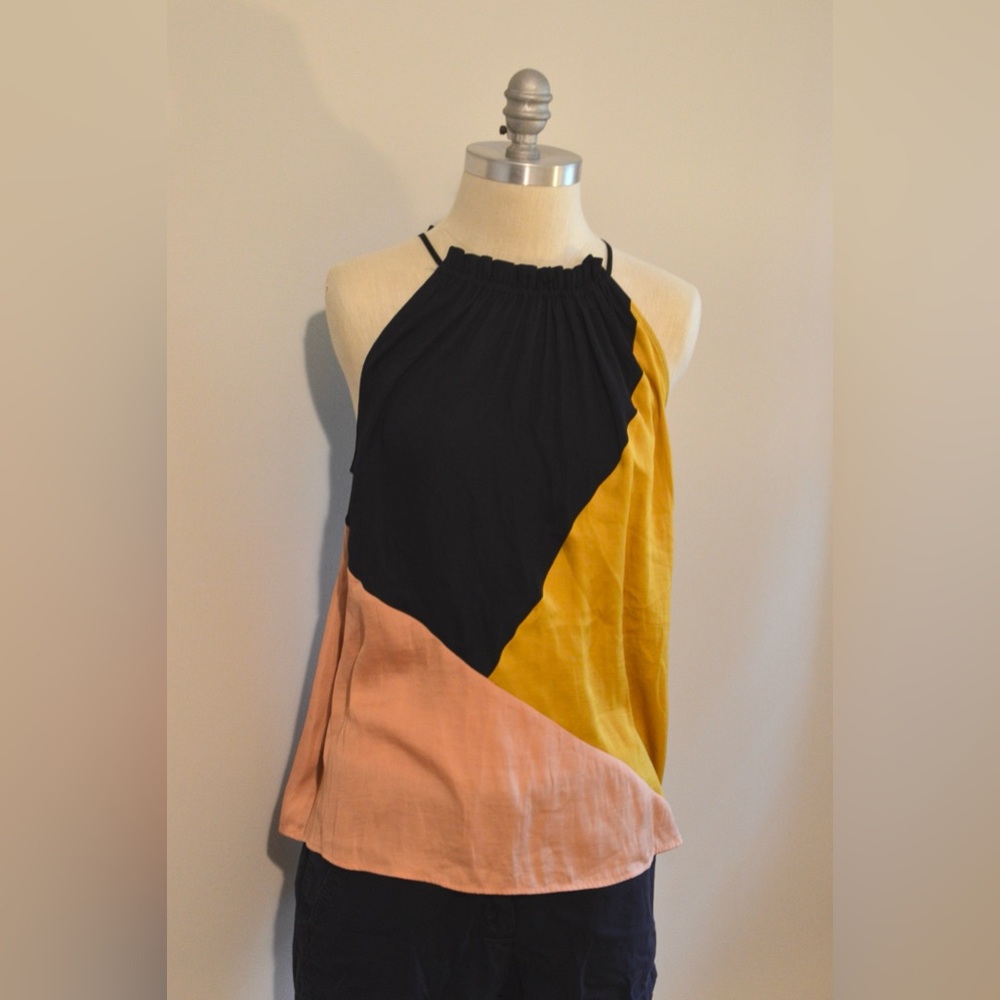 Ann Taylor Colorblock Halter Top in Navy, Mustard, and Blush, Size S